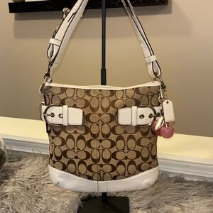 Coach Signature Brown Jacquard & White Leather Soho Duffle 2way Bag - 2005